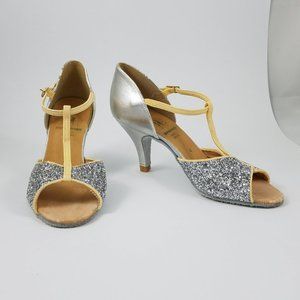 UK4 Supadance t-strap silver glitter gold ballroom dance shoes suede sole